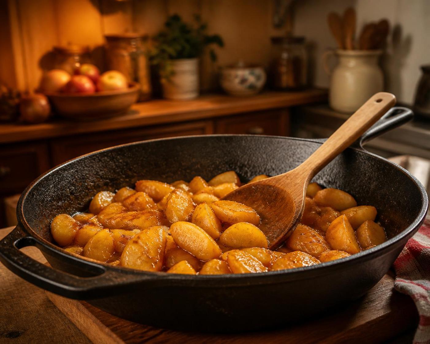 découvrez l'astuce simple et rapide pour préparer des pommes à la poêle fondantes, un dessert gourmand et facile à réaliser chez vous.