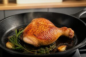 découvrez nos astuces pour réussir la cuisson de la cuisse de poulet à la poêle, avec une peau parfaitement croustillante et une viande tendre et juteuse à chaque fois.