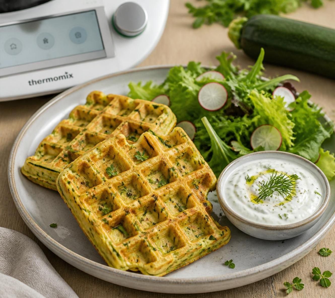 découvrez notre recette légère de gaufres de courgettes réalisées au thermomix, parfaites pour des apéritifs savoureux et faciles à préparer.