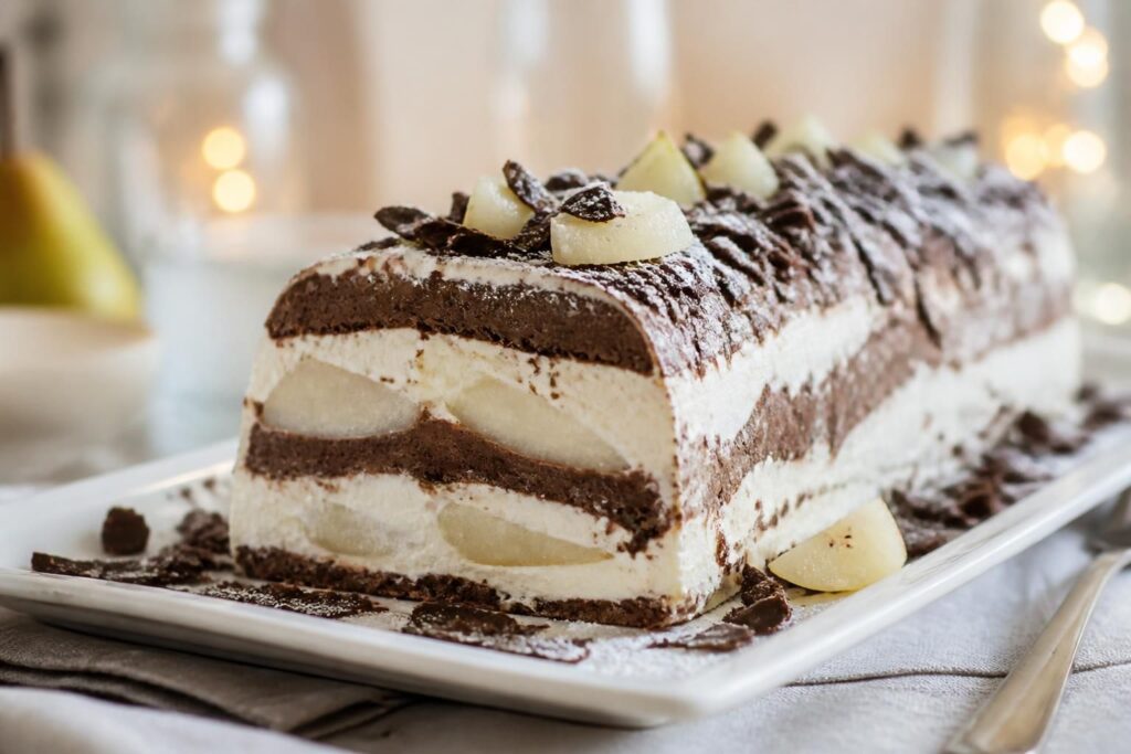 découvrez notre recette facile et gourmande de bûche poire chocolat mascarpone, un dessert parfait pour les fêtes qui allie douceur fruitée et onctuosité chocolatée.