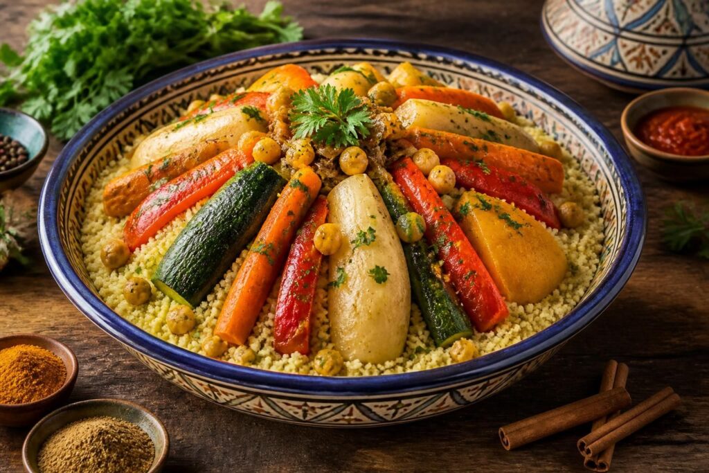 découvrez une recette facile de couscous végétarien aux légumes marocains, savoureuse et saine, parfaite pour un repas traditionnel et coloré.