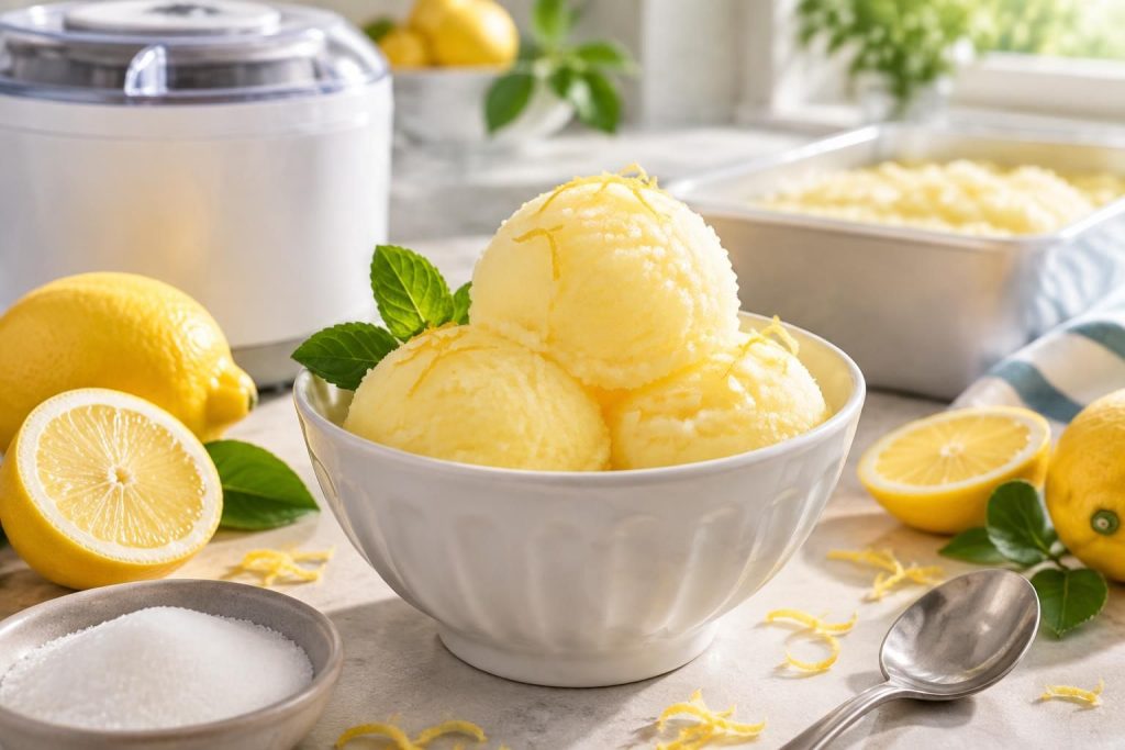 découvrez une recette facile de sorbet au citron, rafraîchissant et acidulé, à préparer avec ou sans sorbetière pour un dessert maison plein de fraîcheur.