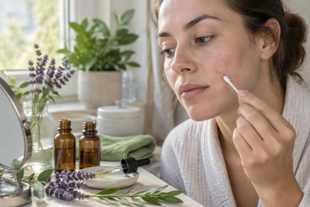 découvrez comment utiliser les huiles essentielles de tea tree et de lavande contre les boutons, avec des conseils de dilution et de précaution.