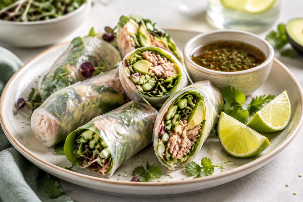 découvrez des feuilles de riz garnies de thon et d’avocat, une recette fraîche, légère et gourmande, idéale pour un apéritif convivial.