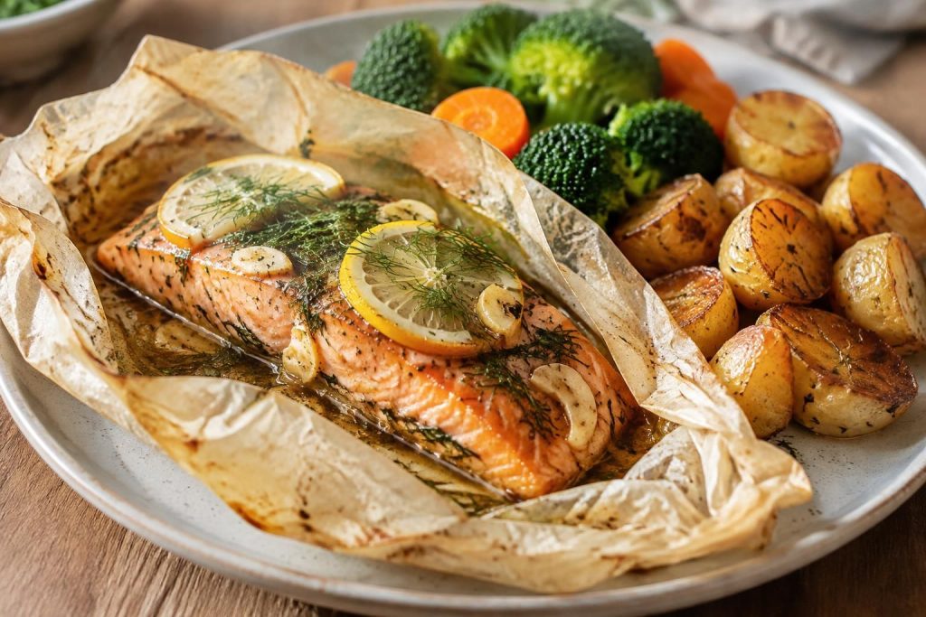 découvrez une recette facile de saumon au four en papillote, parfumé à la sauce soja et accompagné de garnitures simples pour un repas savoureux.
