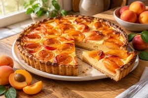découvrez une tarte flan aux abricots frais, fondante et gourmande, facile à préparer au thermomix ou de façon traditionnelle.