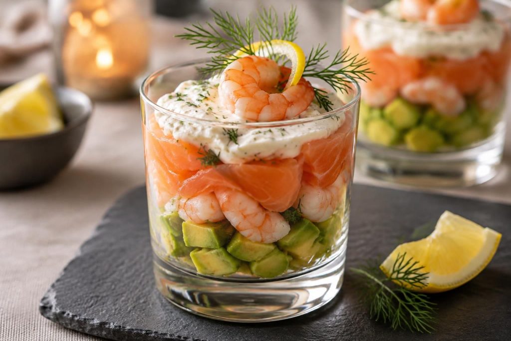 découvrez une verrine d’avocat aux crevettes et au saumon, fraîche et élégante, idéale pour un apéritif raffiné et gourmand.